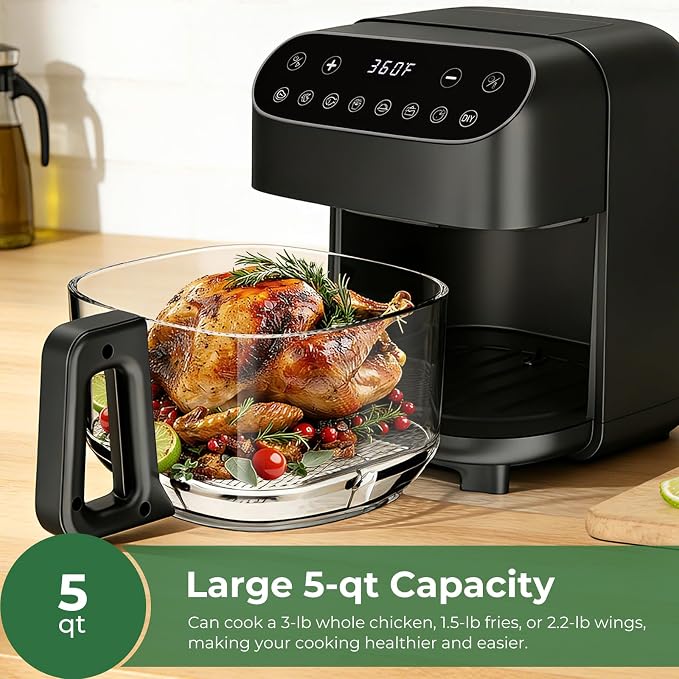 5 QT Glass Air Fryer, Non Toxic Airfryer with Digital Touch Control | 8 Preset Modes, PTFE/PFAS Free, BPA-Free, Uncoated High Borosilicate Glass Basket, Dishwasher Safe, Black