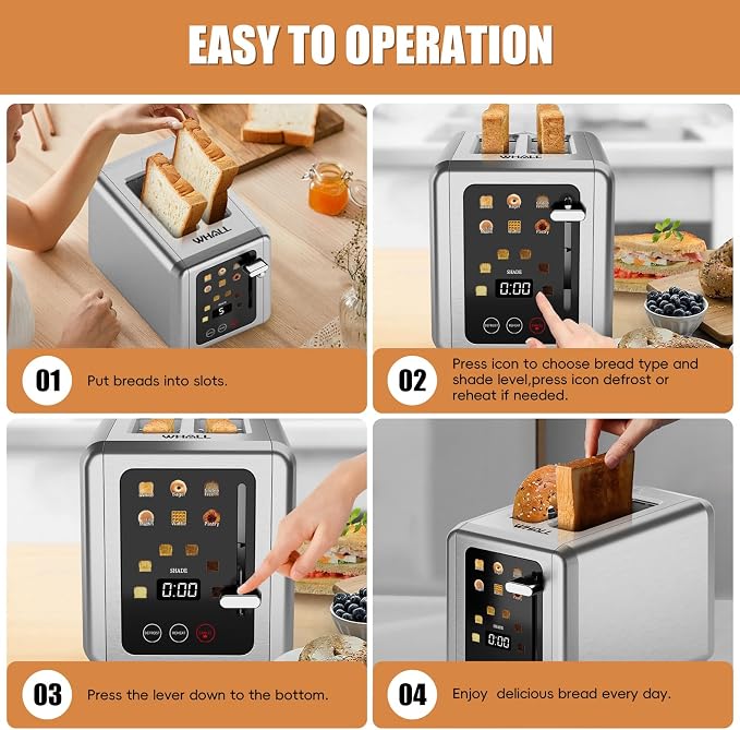 WHALL 2 Slice Toaster, Smart Full Touch Screen, Extra Wide Slots, Silver | Stainless Steel, 6 Shade Settings, Reheat/Defrost/Mute/Standby/Cancel, Bread Bagel Gluten-Free Waffle Pastry, Digital Timer