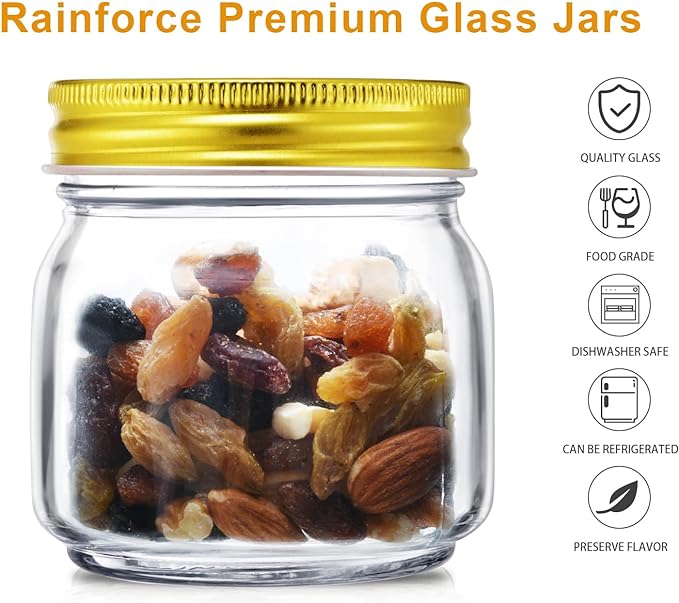 Rainforce Mason Jars 8 oz 30 Pack Small Glass Canning Jars with Gold Lids | 1/4 Quart canning jars regular mouth with 20 labels,1 pen.For food storage,meal prep,jelly,jam,honey,pickles,spice glass jars