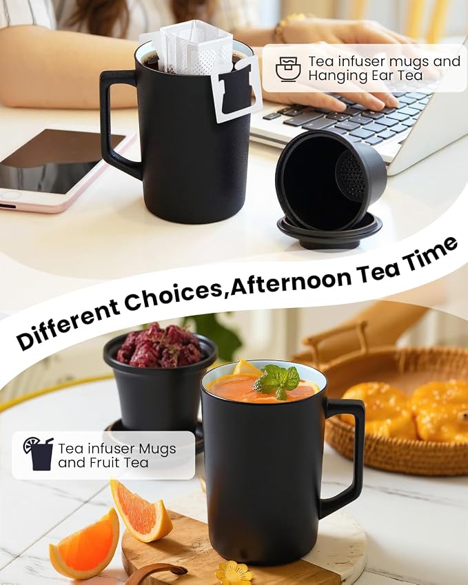 15 oz Ceramic Tea Infuser Cup with Lid - Tea Mug with All Porcelain Strainer for Loose Leaf Teas,Microwave and Dishwasher Safe,Metal-Free,BPA-Free for Tea Lovers/Birthday (Black)