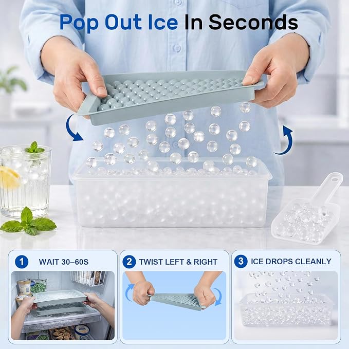 Mini Ice Cube Trays with Lid & Bin, Tiny Pebble Ice Balls for Coffee | Make 208 Mini Ice Balls with 2 Trays, Easy Release, Stackable, Scoop Included, for Iced Coffee, Drinks and Daily Use