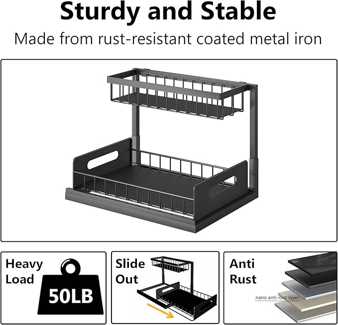 Ceetug Slide Out Under Sink Organizers and Storage, Black, 1 Pack | 2 Tier, Sturdy Metal, Cabinet Organizer, for Kitchen Bathroom