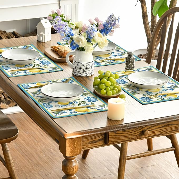 Artoid Mode Blue Lemon Iris Summer Placemats Set of 4, 12x18 Inch Seasonal Table Mats for Party Kitchen Dining Decoration