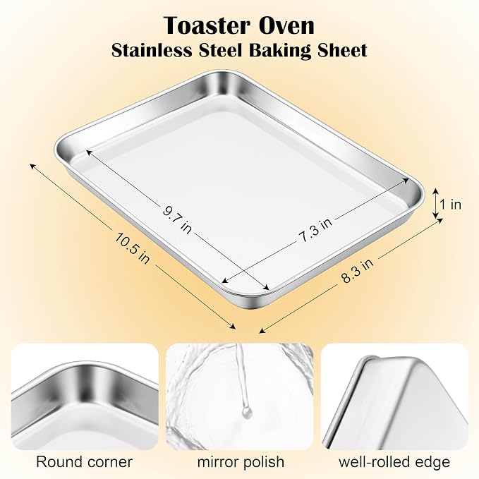 E-far Small Baking Sheet, 10.5”x8.3” Stainless Steel Toaster Oven Tray | Compact Non-toxic Metal Baking Pan for Cookie & Cake, Healthy & Rust Free, Mirror Finish & Dishwasher Safe