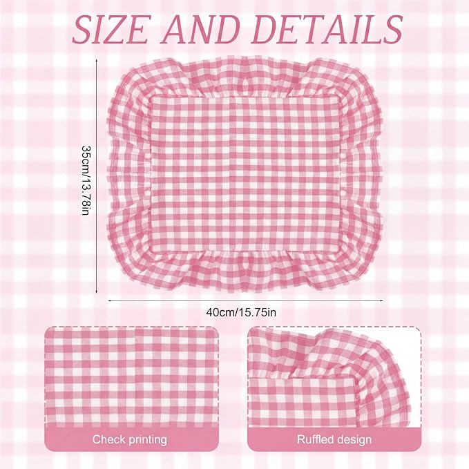 Set of 6 Pink Checkered Placemats Ruffled Rectangle Gingham Table Placemat Fabric Vintage Farmhouse Retro Pastel Aesthetic Chic Mat for Birthday Garden Picnic Baby Shower Bridal Shower
