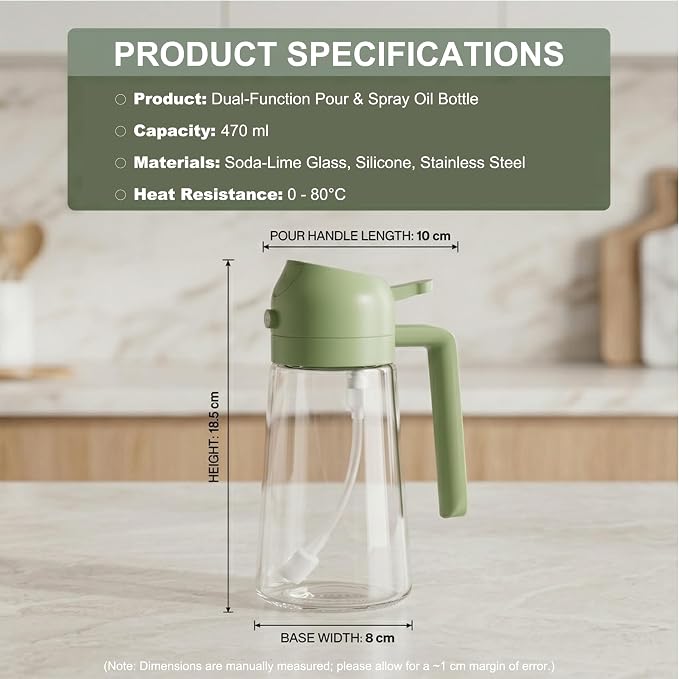 Pure Future 2-in-1 Olive Oil Sprayer for Cooking - 16oz/470ml Glass Oil Dispenser Bottle with Portion Control, Refillable Mister for Air Fryer, BBQ, Salad, Grilling, Food-Grade & BPA-Free (Green)