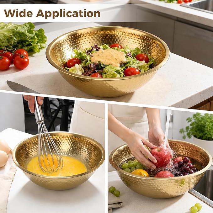 Joyibay 2 Pcs 13 Inch Gold Stainless Steel Salad Bowl Set, 4-Pc Utensil Set | Kitchen mixing bowls for salad, soup, prep, serving, and food storage; gold stainless steel look suits table setups