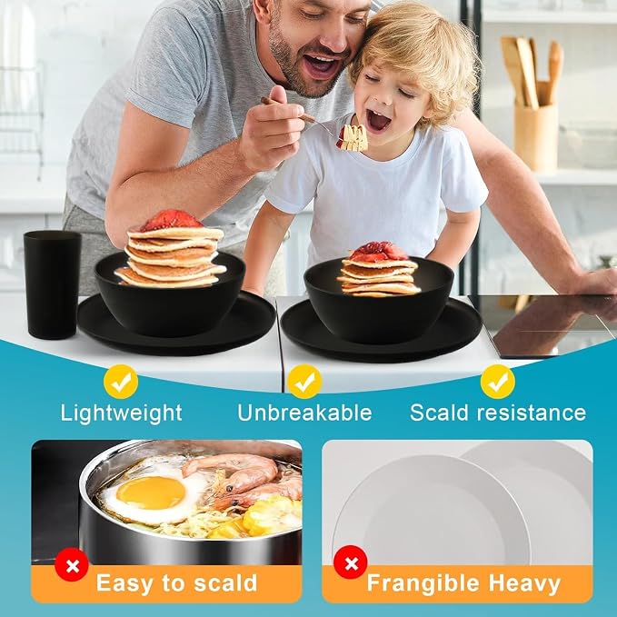 24pcs Matte Black Dinnerware Set, Plates Bowls & Cups, Unbreakable Dishes for 8, Reusable BPA‑Free Tableware, Dishwasher Safe for Kitchen Party Picnic Camping, Bonus Cutlery Set Included