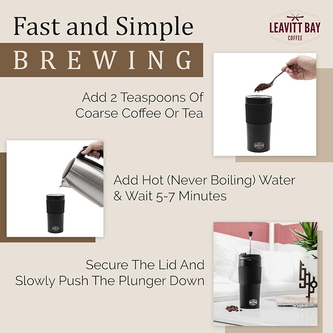 Black Portable French Press Travel Mug & Coffee Maker | Leak-resistant lid Double-wall vacuum insulation ideal for camping & travel