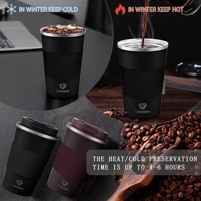 CS COSDDI 12 oz Coffee mug - Stainless Steel Coffee Cup with Leakproof Lid | Stainless Steel Double-wall insulation, 6-Hour Heat Retention, 360°Leak proof, BPA-free, Reusable And To Go Coffee Mug