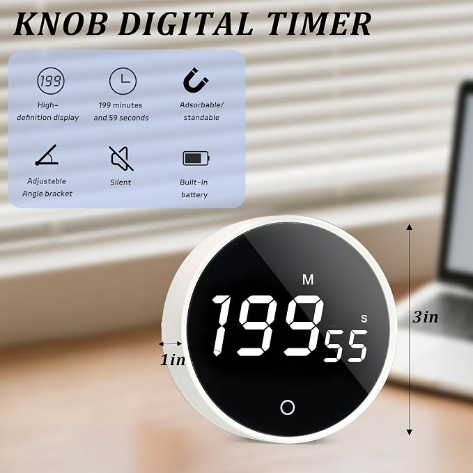 Digital Kitchen Timer - Magnetic 199-Minute Countdown Countup Timer with Large LED Display,Volume Adjustable, Visual timers for Cooking,Gym,Meeting,Classroom,Study,Work,Outdoor Activities