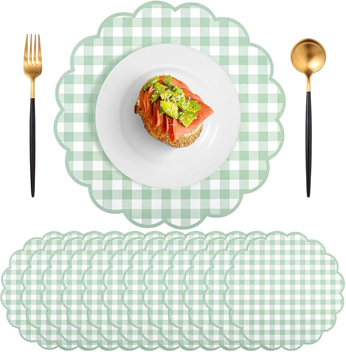 60 Pcs Sage Green Gingham Paper Placemats, Scalloped Checkered Place Mats | 13.5 Inch Disposable Placemat Decorative Paper for Table Setting BBQ Baby Shower Wedding Bridal Banquet Tea Party