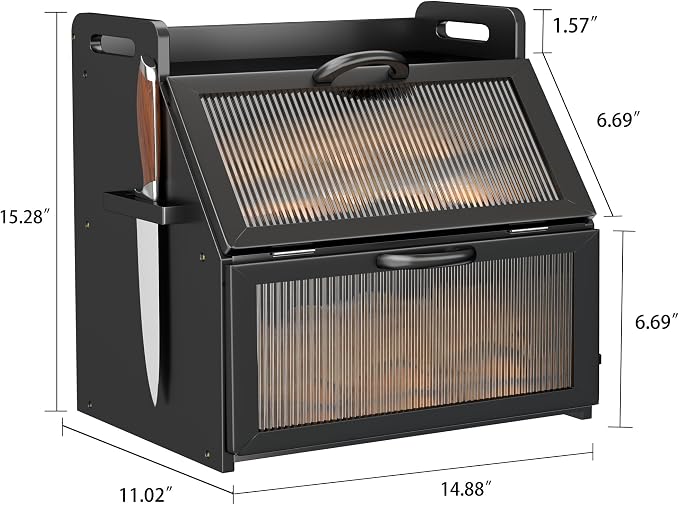 Bread Box for Kitchen Countertop, Large Bread Storage Container for Homemade Bread, Wooden Farmhouse Breadbox Organizers, Double Layer Bread Bin with Acrylic Window Bread Holder, Black