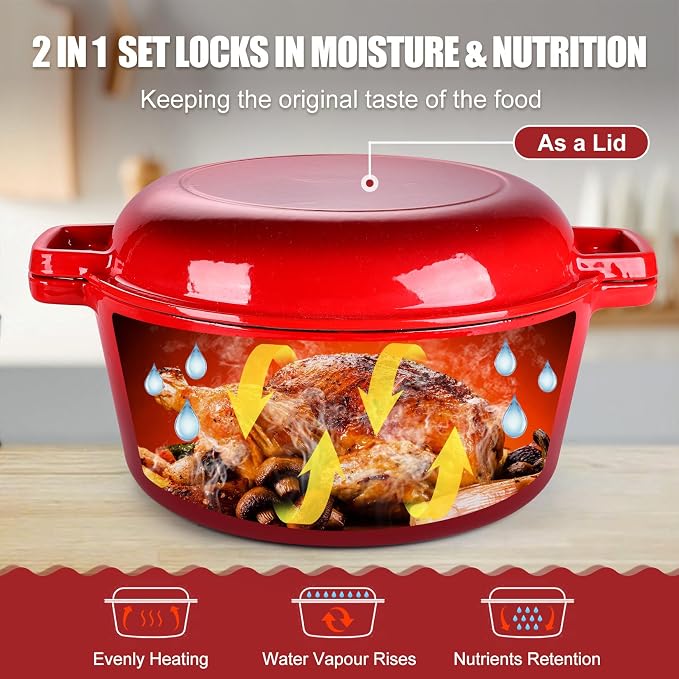P&P CHEF 2 In 1 Red Dutch Oven Pot with Lid for Bread Baking, 5Qt | Cast Iron Bread Dutch Oven, Skillet & Pot for Roasting Braising Stewing Frying Simmering, Multi Stoves & Oven Safe