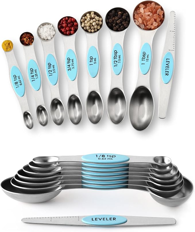 Spring Chef Stainless Steel 8 Magnetic Measuring Spoons, 2 Pack, Aqua Sky | Nesting Metal Teaspoon & Tablespoon Measuring Spoons with Leveler for Dry & Liquid Ingredients, Dual Sided, Dishwasher Safe
