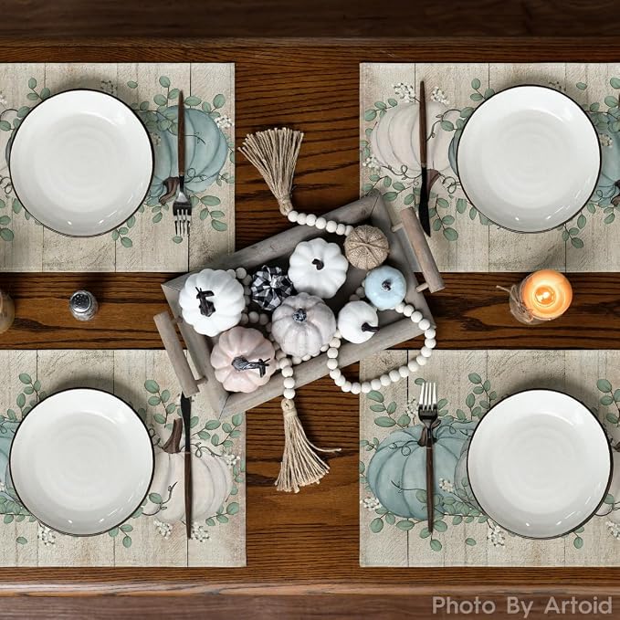 Artoid Mode Wood Pumpkins Leaves Fall Placemats Set of 4-12 x 18 Inch | Heat-Resistant Table Mats, Washable Seasonal Autumn Kitchen Dining Decor