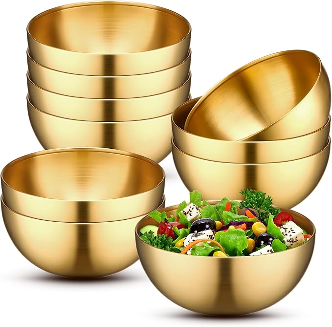 Nuogo 10 Pcs 7.9 Inch Gold Bowls Stainless Steel Esthetician Facial Bowls | Multi-use for Spa Facials Baking Serving, Christmas Wedding Decor, Professional Mixing Prep, Salad Fruit Candy Display Bowls