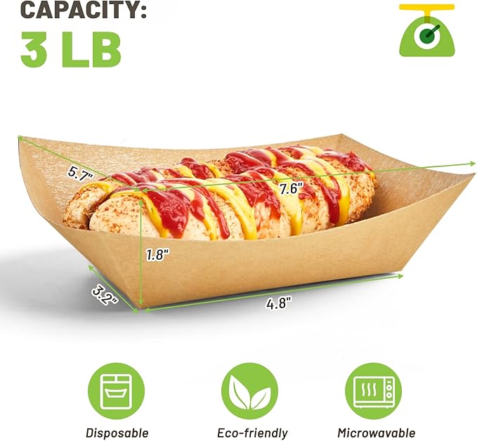 ZORRITA Paper Food Trays, 3 Lb, 100 Pack | Disposable, Kraft Paper, Nacho Trays, Food Boats, Taco Holders, Party Serving Baskets, For Hot Dogs Snacks Tacos Fries