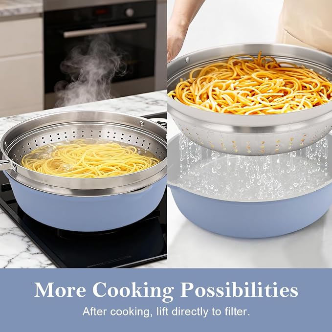 AIKENBBKK 12 Inch Nonstick Deep Frying Pan with Steamer, Ceramic Skillet with Lid, Steamer Pan for Cooking, 5 QT Non Stick Saute Pan with Detachable Handle, PTFE & PFAS-Free, Oven Safe, Blue