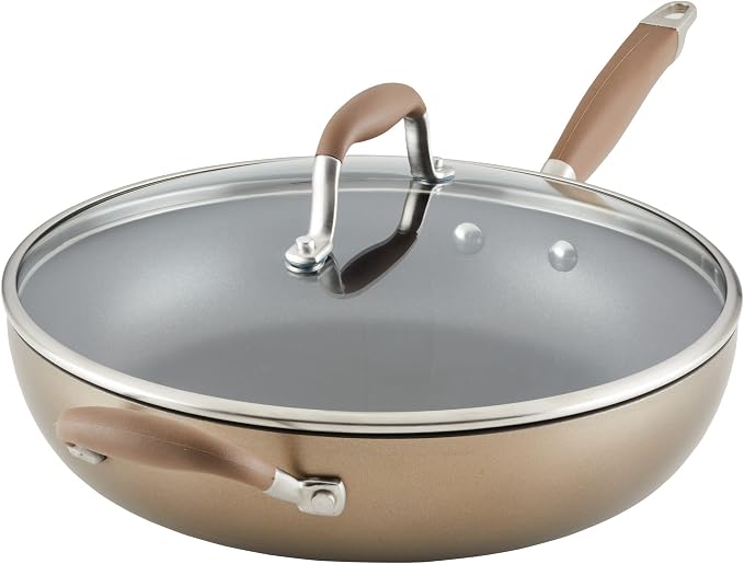 Anolon Advanced Hard Anodized Nonstick Deep Frying Pan with Lid, Non Stick Pan, 12 Inch, Bronze