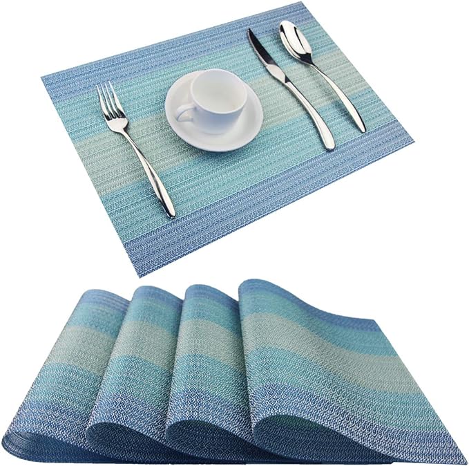 Placemats Washable Easy to Clean PVC Placemat for Kitchen Table Heat-resistand Woven Vinyl Hard Table Mats 12x18 inches Set of 4 (Blue)