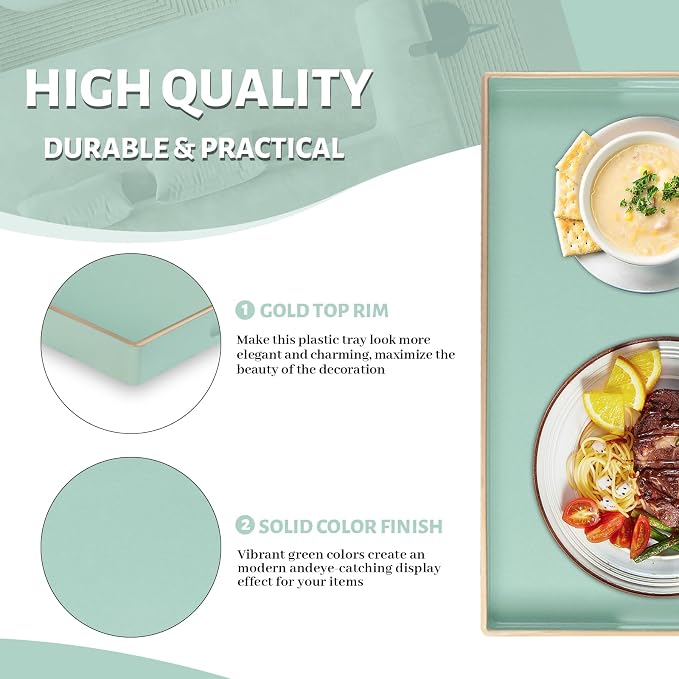Mint Green Decorative Tray for Ottoman, Serving Tray with Handles | Plastic Melamine Tray, Modern Coffee Table Tray, Rectangle Countertop Organizer Tray for Living Room, 15.8"L x 10.2"W x 1.4"H