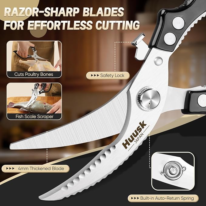 Huusk Kitchen Scissors All Purpose – Japanese Heavy Duty Poultry Shears | SK5 Steel Kitchen Shears for Meat, Fish, Vegetables, Chicken Bones, Turkey, Ergonomic Non-Slip Black Handle, Gifts for Women