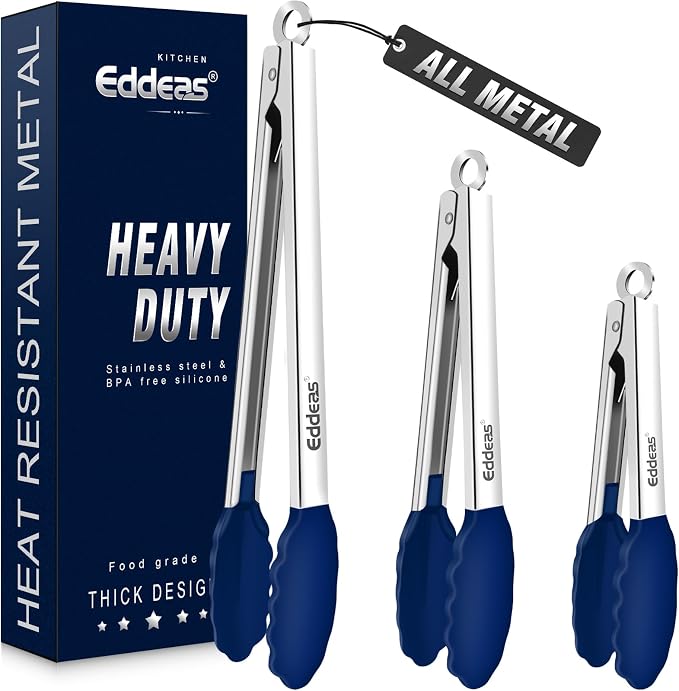 Tongs For Cooking - Silicone Metal Kitchen Tong 7" 9" & 12" Blue | 600°F Heat Resistant Silicone Tong, All Metal handle Locking Tongs with Silicone Tips, Heavy Duty Stainless steel