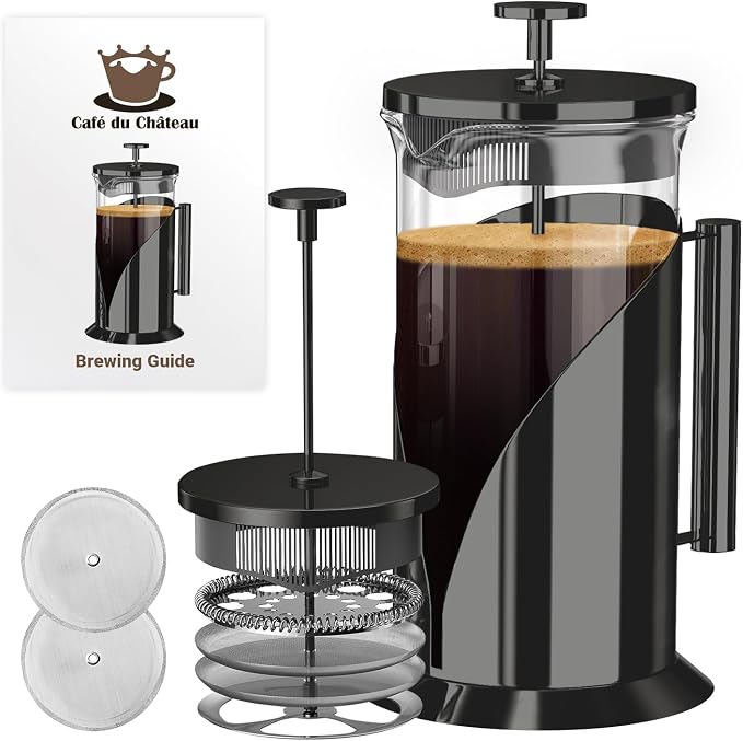 Cafe Du Chateau Stainless Steel French Press Coffee Maker 34 oz - Easy to Use Insulated Coffee Press with 4-Level Filtration, Manual Brewer for Tea, Camping & Travel with BPA Free, Durable Clear Glass