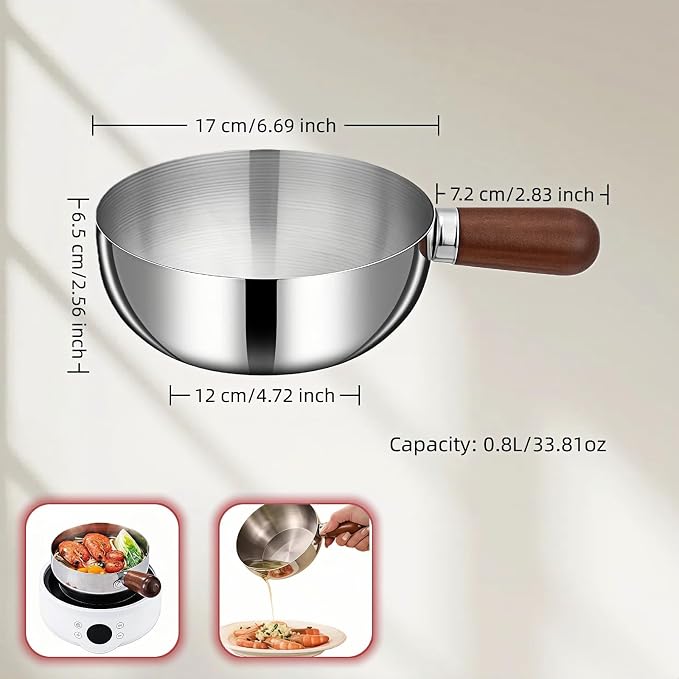 800ml/27oz Wood Handle Saucepan - 316 Stainless Steel, Multi-Use Induction Compatible Pan for Milk, Soup, Oatmeal, Camping & Small Kitchen