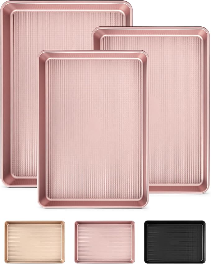 Saker 3-Piece Heavy Duty Carbon Steel Baking Sheets Set,Non-Stick Cookie | | Oven Safe, Even Heating, for Baking, Roasting, Cooking – Professional Grade (Pink)