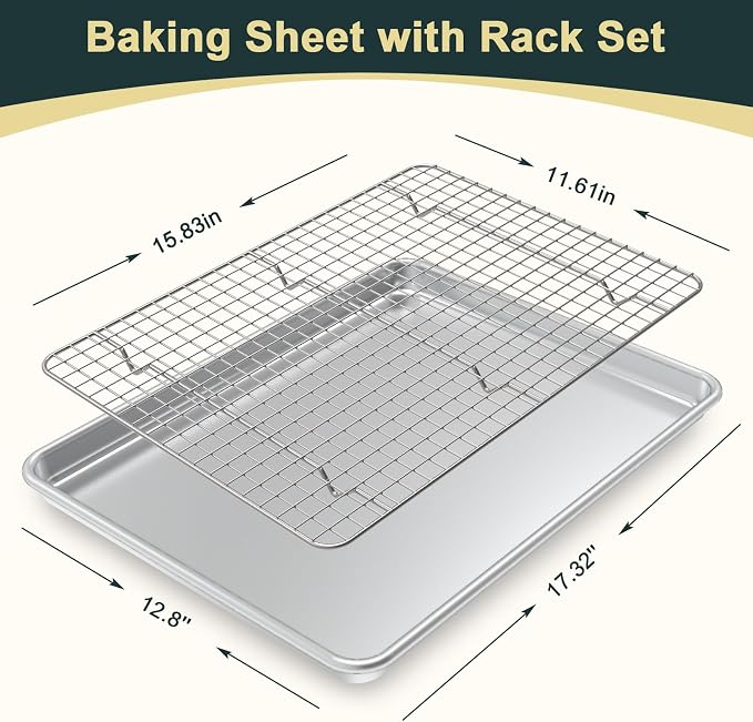 Wildone Baking Sheet with Rack Set (2 Pans + 2 Racks), Half Sheet Size | Natural Aluminum Commercial Quality Cookie Sheet with Cooling Rack, Nonstick Baking Pan, Warp Resistant & Heavy Duty