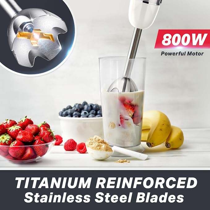 Mueller Multistick 5-in-1 Immersion Blender Handheld, 12-Speed Hand Mixer | Turbo Boost, Heaviest Duty Copper Motor, Titanium Blades Hand Blender, Milk Frother Wand, Whisk, Beaker, Chopper, White
