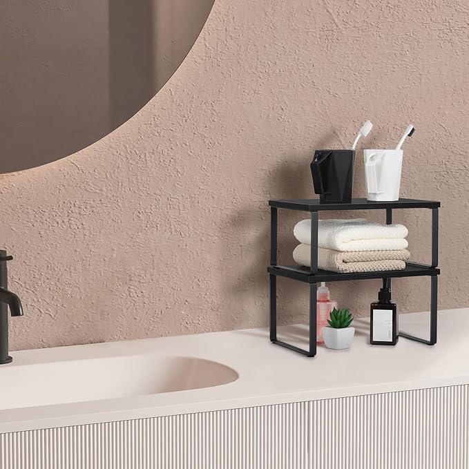 CADUKE Set of 4 Kitchen Counter Shelves, Cabinet Organizer, Black | Wood Countertop Shelves, Stackable Shelf Organizer, Expandable Cabinet Shelf, For Pantry, Industrial
