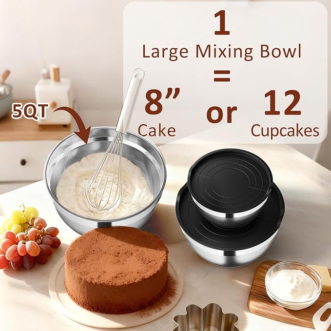 9 Pack Mixing Bowls with Airtight Lids & Grater Attachments, Black | Stainless Steel Bowl, Non-slip Bases, Nesting Kitchen Bowl, Size 5, 4, 3, 2, 1.5,1QT,for Food Prep, Baking, Storage & Serving
