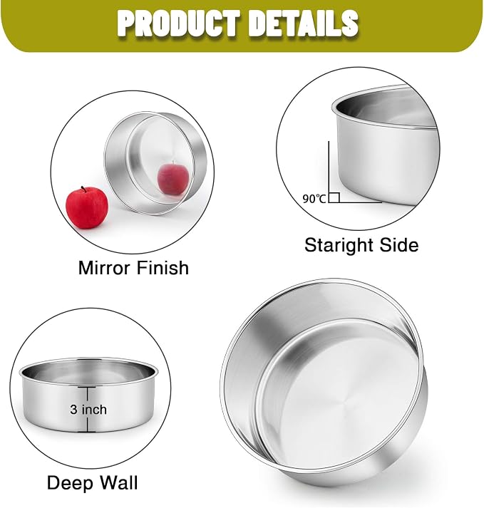 P&P CHEF 8 Inch Cake Pans Set, 2Pcs Stainless Steel Round Baking Pan | Round Layer Cake Tins for Birthday Wedding, Non Toxic & Heavy Duty, 3 Inch Deep Side & Mirror Finish, Oven & Dishwasher Safe