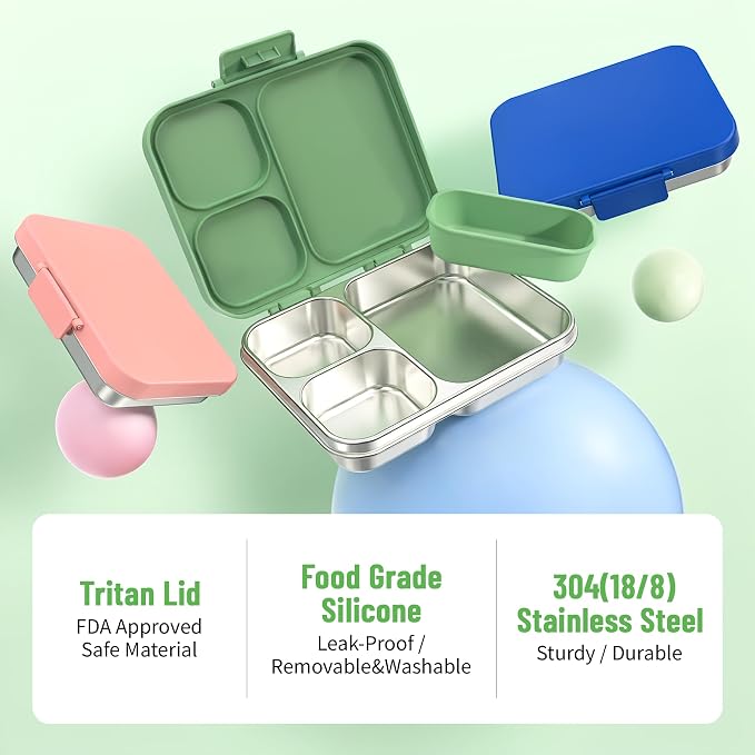 LOHASOK Stainless Steel Lunch Box, 34oz/1000ml, Green | 3-Compartment, Metal Bento Container, Leak Proof, Plastic Lid, for Kids Adults, BPA/BPS Free, Dishwasher Safe