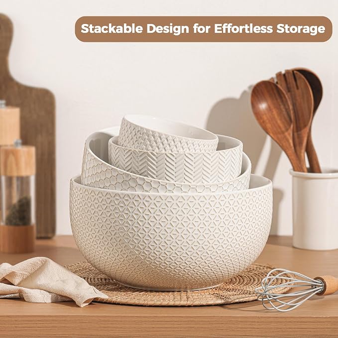 Ceramic Mixing Bowls Set of 4, Nesting Bowls for Kitchen | Large Embossed Serving Bowls for Mixing, Prep, Baking, Salad, Soup & Pasta, Microwave Dishwasher Safe