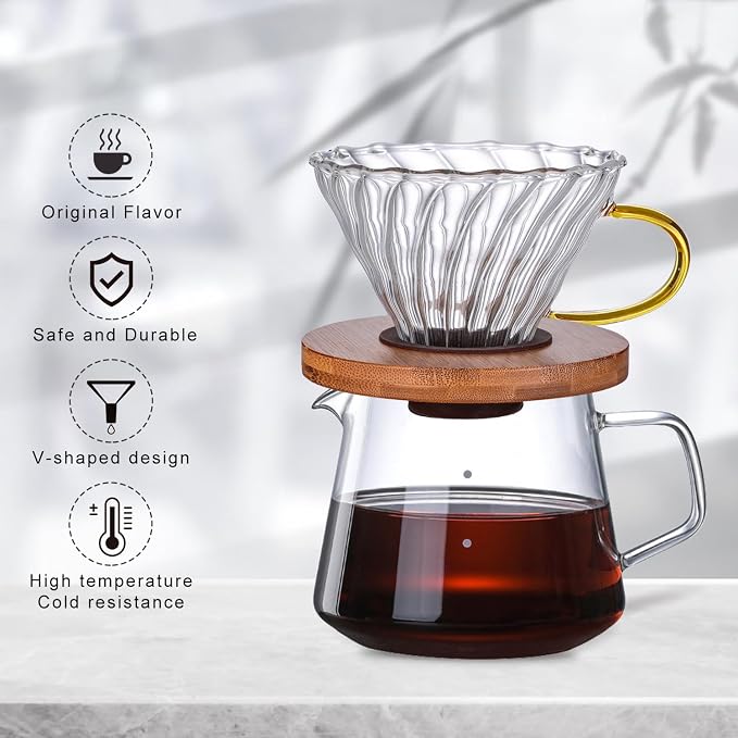 Gute Glass Pour Over Coffee Dripper 1-4 Cups with Bamboo Stand & Handle | Spiral Inner Design,Heatproof Glass,No Plastic Contact,Detachable for Easy Clean,Fits Most Mugs & Carafes,Home Office