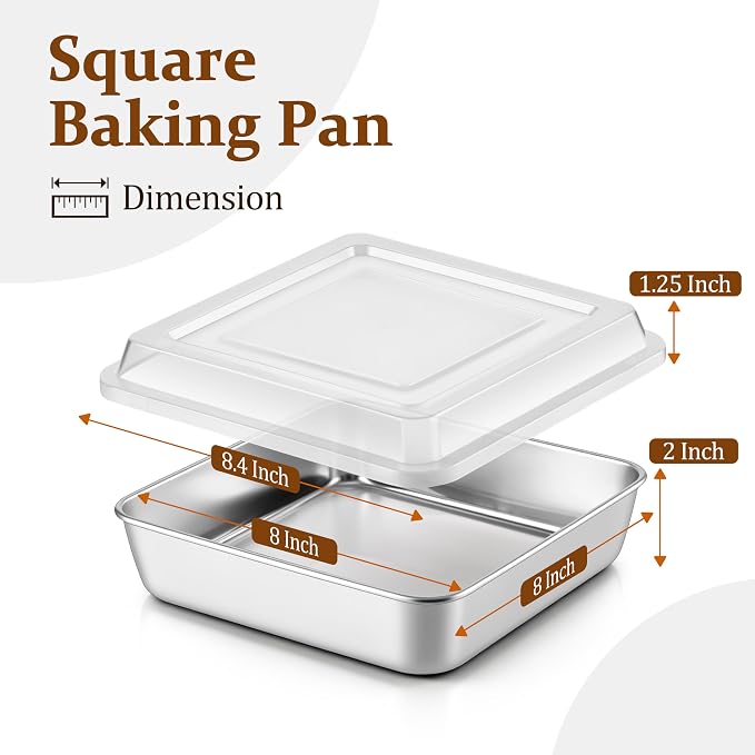 LIANYU Stainless Steel Baking Pan with Lid, 8 x 8 Lasagna Brownie Cake Pan | Square Baking Pan Set, Kitchen Cooking Roasting Dish, Even Heating & Dishwasher Safe (1 Pan +1 Lid )