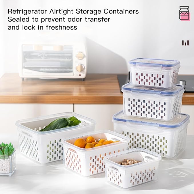 3 Pack Fruit Storage Containers for Fridge with Removable Colander – Airtight Produce Storage Containers with Lids, BPA-Free Berry Keeper for Vegetables, Lettuce & Meal Prep (29oz+59oz+112oz)