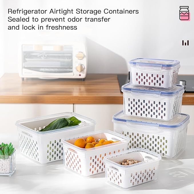 Fruit Storage Containers for Fridge, 3PCS Airtight Fruit & Vegetable Storage Containers with Removable Drain Basket, BPA-Free Berry Keeper, Stackable Refrigerator Organizer for Lettuce, Meal Prep