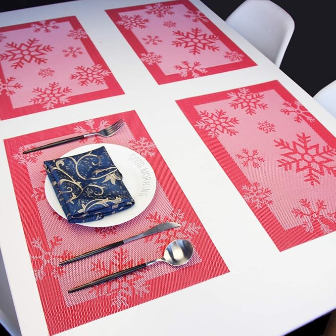 PIGCHCY Christmas Placemats Snowflake Woven Heat Resistant Placemats Washable Easy to Clean Table Mats for Dining Room and Decor(Set of 6, Red)