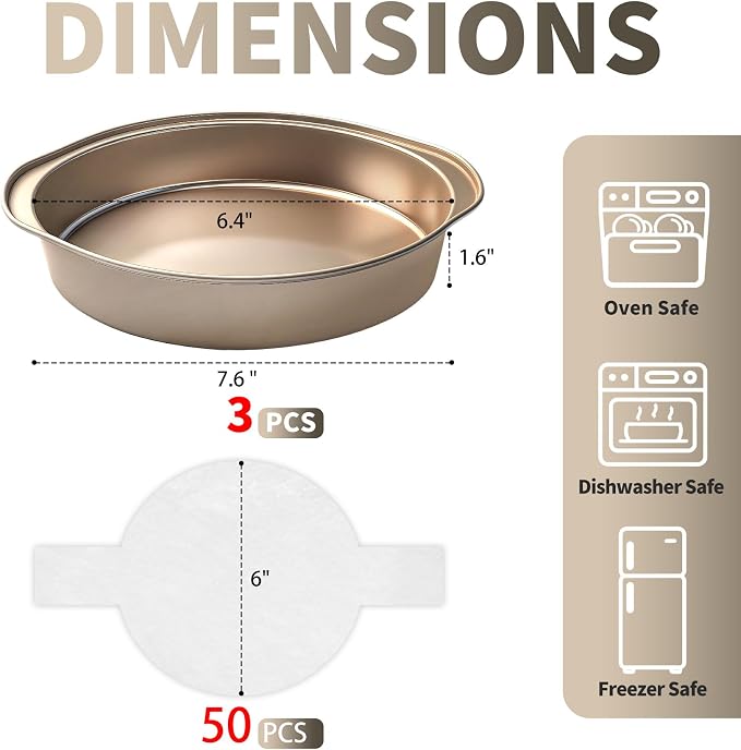 6 Inch Cake Pan, 3PCS Nonstick Round Cake Pans with 50 PCS Parchment Paper, Durable Birthday Circle Cake Baking Pan with Handle for Multi-Layer Cakes, Dishwasher Safe (Gold, 6")