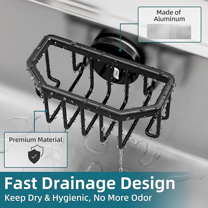 TAILI Sink Caddy with Strong Suction Cup, Sponge Holder for Sink-Black | for Kitchen Sink Organizer, Removable Sponge Caddy Inside Sink, Rustproof Aluminum Holder for Sponges, Brushes, Scrubber