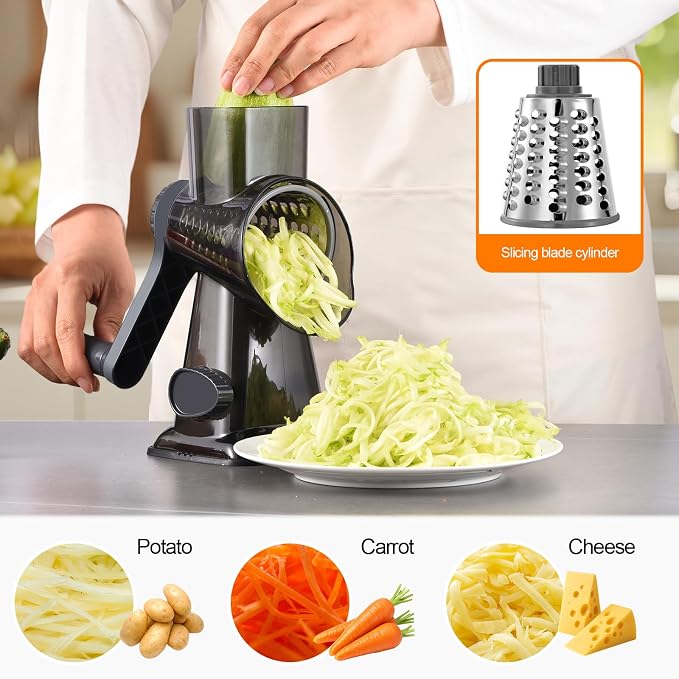 Rotary Cheese Grater Manual Hand Crank 3-in-1 Vegetable Shredde | Finger-safe design, stainless steel drums, suction base. Perfect for cheese, vegetables, nuts & chocolate. Easy to clean