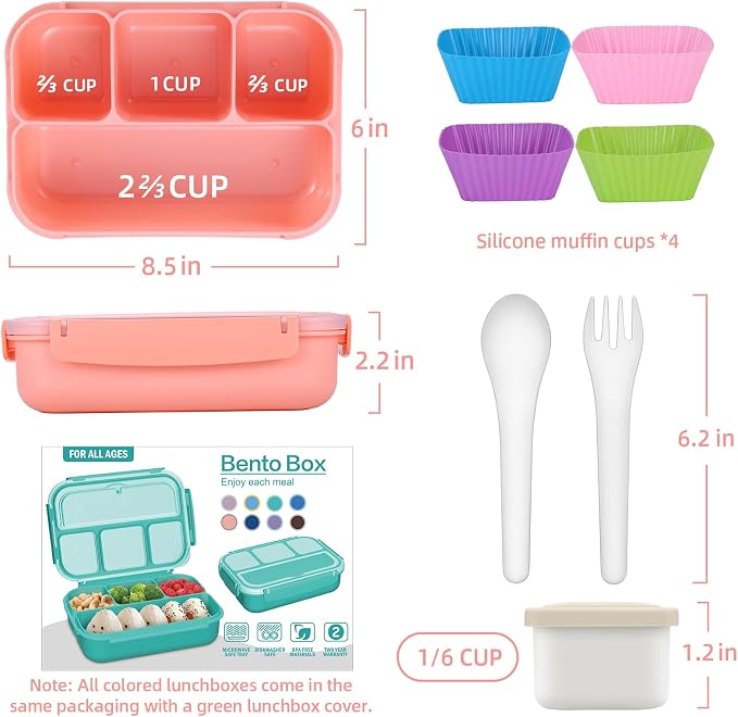 QQKO Bento Box Adult Lunch Box, Lunch Containers for Adults Men Women, Kids Lunch Boxes for School with 4 Compartments, Sauce Container, Utensils and Muffin Cups, Pink