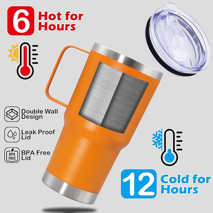 20 oz Tumbler with Handle Coffee Tumblers with Lid Travel Mug Orange 12P | 20oz Tumblers with Handle Double-Wall Insulated Vacuum Coffee Mugs Stainless Steel Tumbler with Handles&Lid Orange 12P