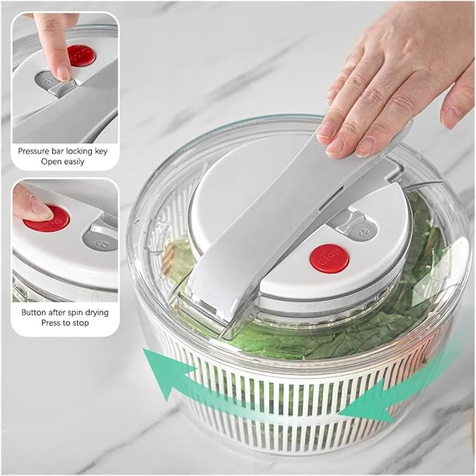 Manual Salad Spinner - Hand Operated Vegetable Dryer for Quick Washing and Drying Greens, Lettuce, and Berries(Green with slicer)