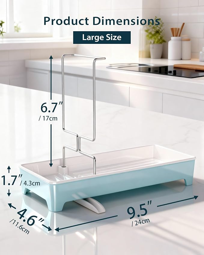 Minimalist Sink Caddy, Rustproof Sponge Holder for Kitchen Sink Blue | Large Rustproof countertop organizer with 304 stainless steel brush holder, raised ridges and silicone drain tube
